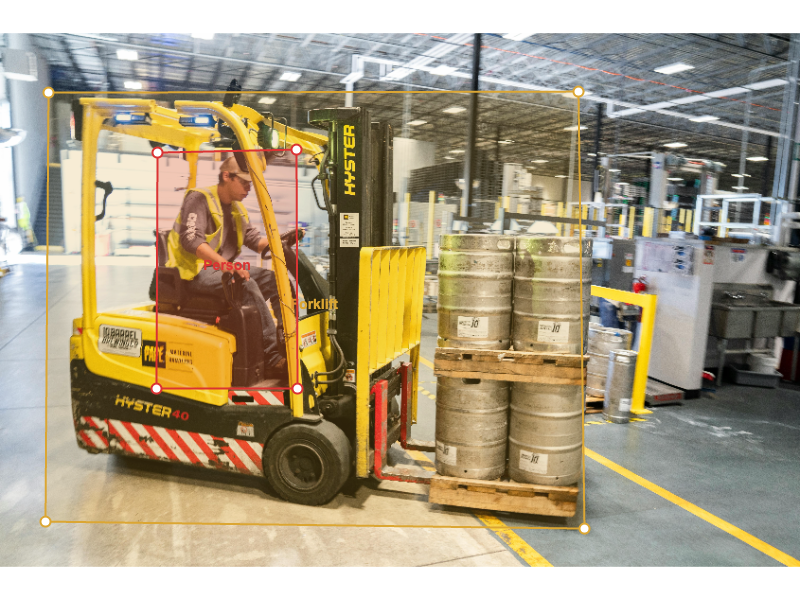 AI safety monitoring flagging a pedestrian and forklift in the same travel aisle